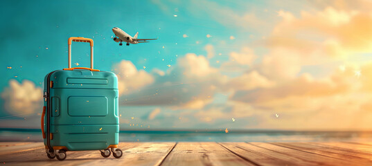 banner of suitcase on the beach on the flying plane background, travel vacation background - obrazy, fototapety, plakaty