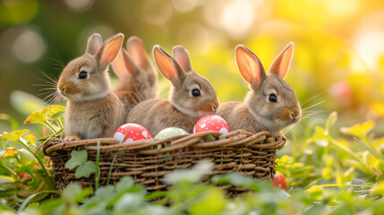 Basket full of cute rabbits and Easter eggs in the green grass