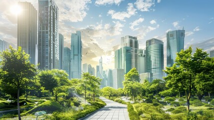 Sustainable Urban Development - Future city concepts with green spaces, pedestrian pathways, and eco-friendly transport options.