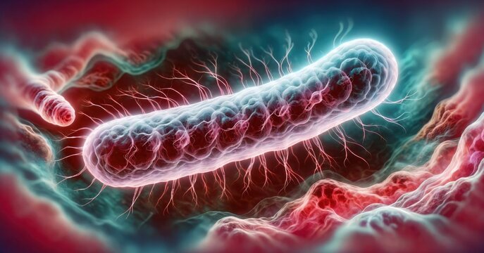 Abstract illustration of of Salmonella Bacteria. 3d rendered style. SEM, TEM view. Healthcare medical research concept. Pathogen image.