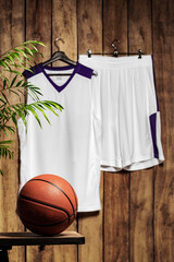 Basketball player outfit hanging on wooden background