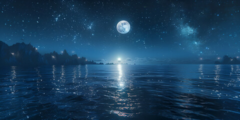 Seascape with full moon on night sky over water,