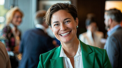 Smiling Woman In White Shirt and Green Blazer at Professional Corporate Event, Featuring Out-of-Focus Colleagues in Background, Depicting Workplace Environments