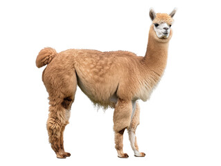 A friendly alpaca stands elegantly, with a warm brown fleece and a curious expression.