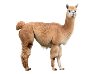 A friendly alpaca stands elegantly, with a warm brown fleece and a curious expression.