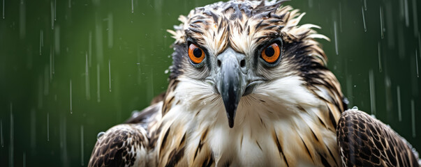 Detail on beautiful wild osprey head in heavy rain.