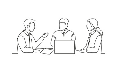 Business meeting of group office people, work on laptop, continuous one line drawing. Teamwork, learning or business talking, partnership in work. Simple single minimalism outline style. Vector