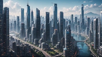 futuristic riverfront city in a modern metropolis