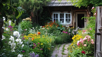 Country Cottage with beautiful flowers garden - obrazy, fototapety, plakaty
