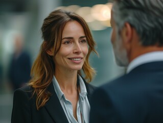 Fototapeta premium A woman and a man in a suit engage in a conversation in an indoor setting