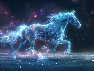 A horse's wireframe hologram set against the backdrop of the cosmos