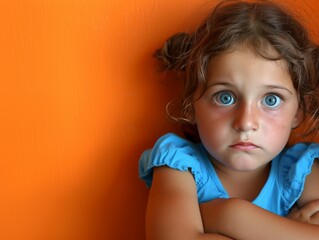 A young multiracial girl with striking blue eyes is leaning against a vibrant orange wall - Powered by Adobe