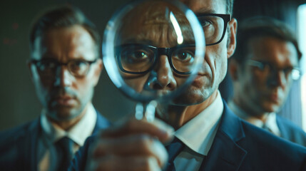 Corporate Talent Recruitment: Group of Men in Professional Suits, Enlarged Face through a Magnifying Glass, Brightly Lit Room, Individual Focus, Scrutiny, Business Environment, Concept Image
