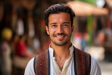 Portrait of a handsome young man in traditional clothes smiling at the camera - obrazy, fototapety, plakaty