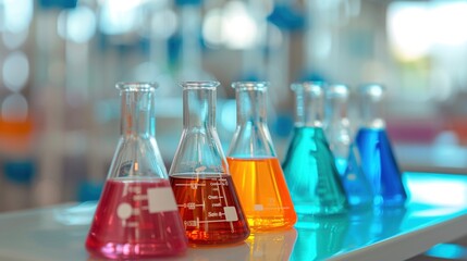 Group of laboratory flasks and beaker for experiment with color liquid in science laboratory