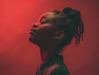 A multiracial woman with dreadlocks standing in front of a vibrant red background