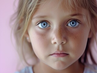 A close up shot of a childs face with striking blue eyes, showcasing their innocence and curiosity