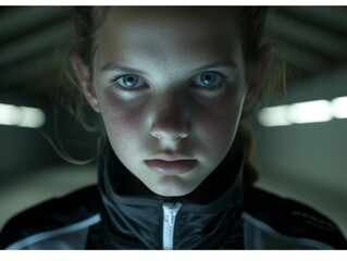 A multiracial young girl with striking blue eyes, wearing a black jacket