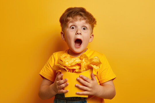 a litte boy with unhealthy chips in the hands and surprised face isolated on yellow background