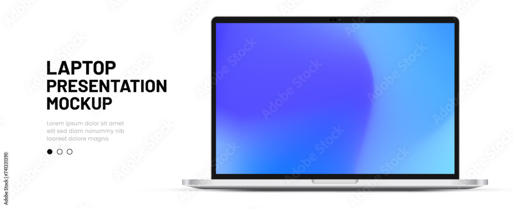 Poster Modern laptop mockup front view on white background. Notebook mockup device mockup for ui ux app and website presentation Stock Vector.