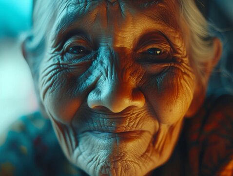 An older woman with deep wrinkles on her face, showcasing the natural aging process with grace and wisdom