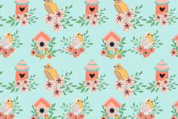 Hand drawn spring bird robin and birdhouse pattern with floral elements on blue background. Vector illustration isolated. Can used for wrapping paper, textile, clothes. greeting card, wallpapers. 