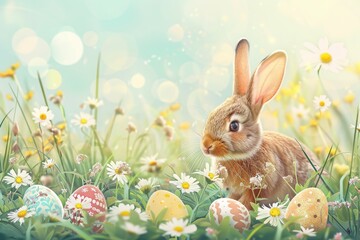 Fototapeta premium An Adorable Bunny with Pink Ears Holding Easter Eggs Among Blooming Tulips in a Lush Garden, Generative AI