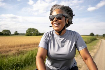 smiling african american woman in sunglasses riding bicycle on countryside road