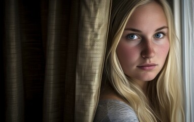 A young blond woman with a striking appearance gazes out of a window, her expression thoughtful and contemplative