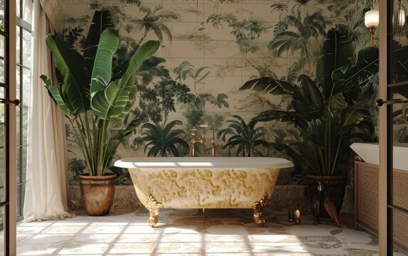 Relaxing spa bath in a light-filled room, with potted plants adding a touch of nature