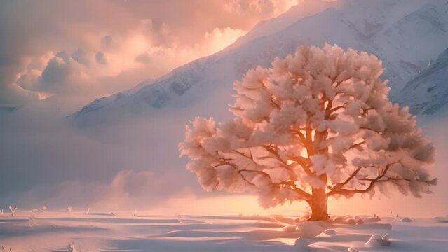 Frozen tree, glowing sunbow, sparkling snow, wide-angle sunrise with lenticular clouds.generative ai