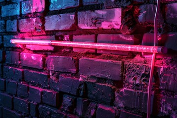 Illuminated Brick Wall With Neon Light. Generative AI