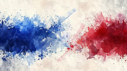 Watercolor abstract splashes background in France flag colors. Template for national holidays or celebration background.  - obrazy, fototapety, plakaty