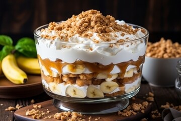 Delicious banoffee pie english dessert with bananas and toffee for restaurant menu