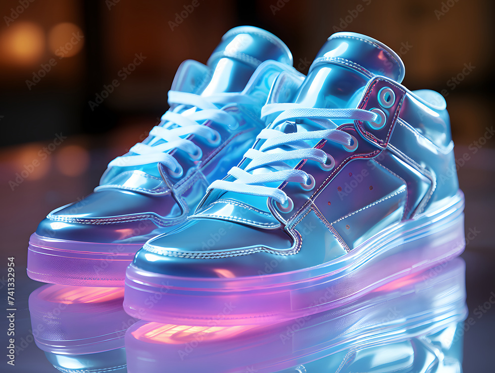 Poster Futuristic and Colorful Holographic Shoes with Glow and Shining Effect. Cool Footwear