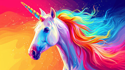 A unicorn in raibow's colors is a mythical creature that symbolizes virtue.