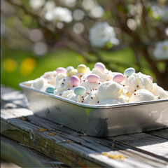 a close-up scene in a serene garden setting, fluffy vanilla ice cream,The pan sits atop a weathered white wooden table, hinting at a vintage countryside charm. In the softly, spring day. 