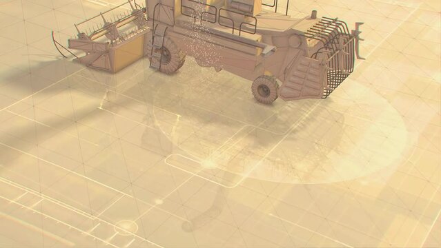 3D Rendered Holographic Animated Scene Of Combine Harvester Machine Reaping, Threshing, Gathering, And Winnowing.