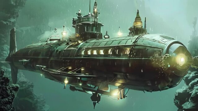 Fantasy steampunk submarine under water