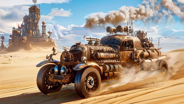 Fantasy steampunk desert vehicle rolling through desert