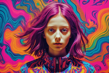 A girl against a background of surreal design using acid colors, psychedelic culture, will reflect overload with thoughts and digital technologies