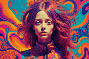 Naklejka na ściany i meble A girl against a background of surreal design using acid colors, psychedelic culture, will reflect overload with thoughts and digital technologies