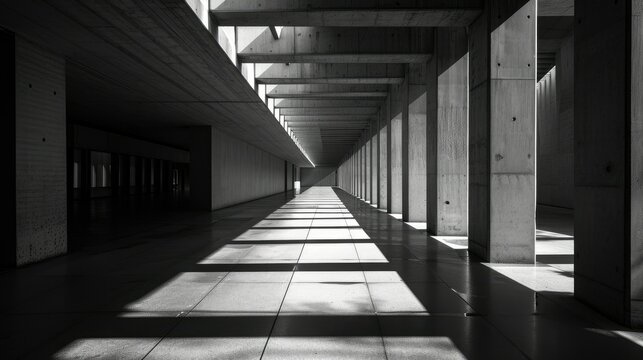 Black and white image of a modern corridor with a vanishing point perspective, showcasing light and shadow play
