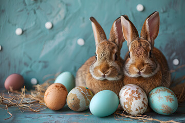 Easter bunny and easter eggs on a colourful background with spring flowers