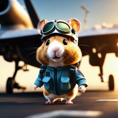 a cute fluffy hamster pilot walking on a military aircraft carrier, unreal engine render, 8k