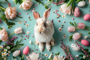 Easter bunny and easter eggs on a colourful background with spring flowers
