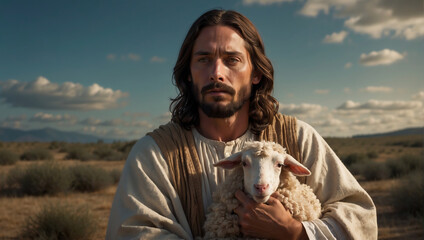 Der gute Hirte Jesus trägt verlorenes Lamm in Wüstenlandschaft - obrazy, fototapety, plakaty
