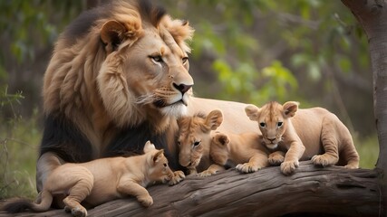 Majestic Lion with Kids and Cubs, Loving Lion with Kids and Cubs, Beautiful Lion, Kids, and Cubs Together, Cherished Moments with Kids and Cubs, Affectionate Lion with Its Kids and Cubs.