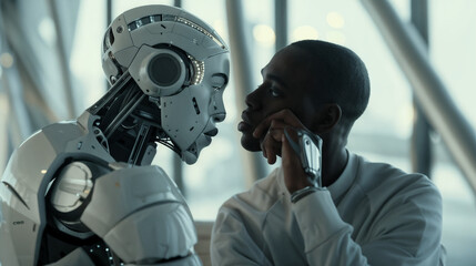 Contemplative Human and Advanced Humanoid Robot in a Professional Environment Discussing, Highlighting the Intersection of Technology and Humanity, Ideal for Science Fiction Concepts and Futuristic Sc