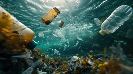 Garbage pollutes the water. Unhealthy waste disposal. - obrazy, fototapety, plakaty
